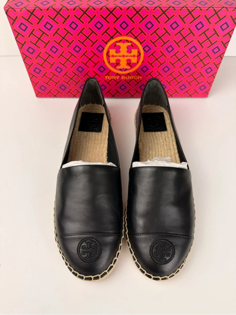 Tory Burch Color Block Flat Espadrille Black Nappa Leather Slip On Shoes Size 8